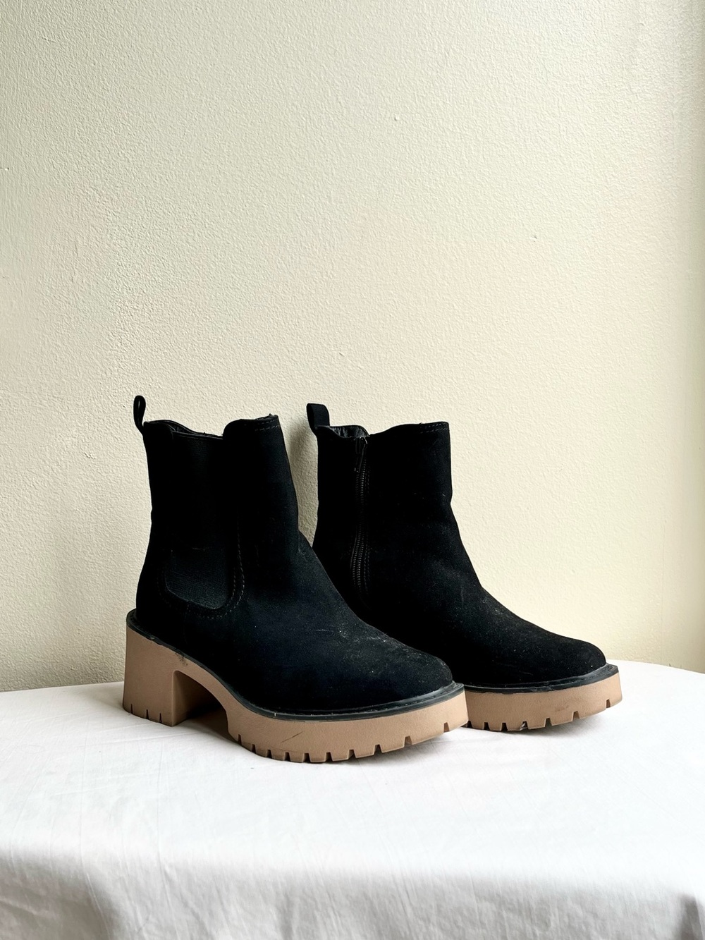 Target Black Suede Chelsea Booties with Tan Lug Sole